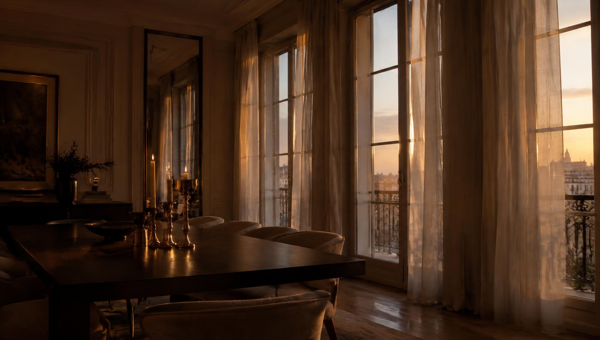 Salle à manger d’un appartement premium au coucher du soleil